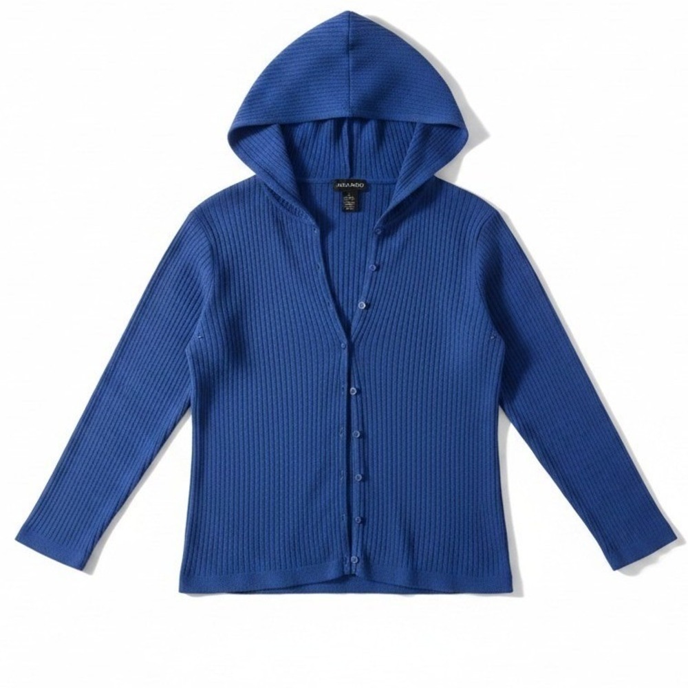 Adamo Royal Blue Ribbed Knit Hooded Button Front Cardigan, Women's Large Sweater